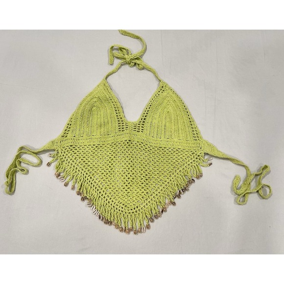 Island Planet Tops - Island Planet Miami Beach Lime Green Crochet Halter Top with Shell Accents Small